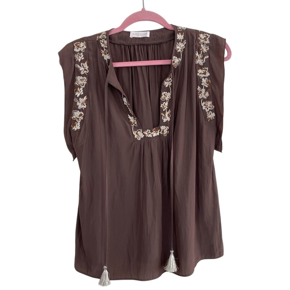 Ramy Brook Short Ruffle Sleeves Tie Neck Floral Embroidery Brown Blouse - Picture 6 of 9